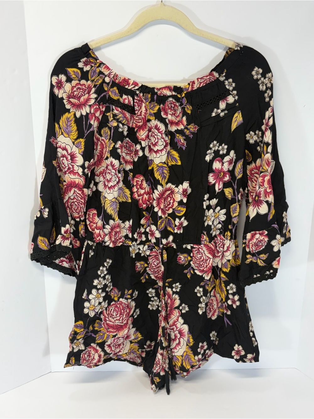 Angie Boho Floral Off Shoulder Bell Sleeve Romper L